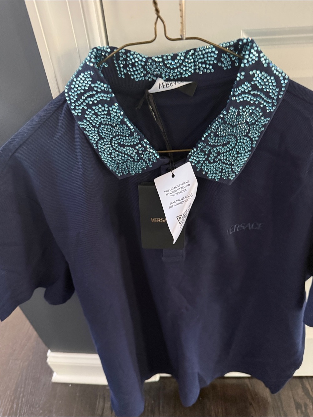 Versace Kids Navy Polo with Turquoise Crystal-Embellished Collar